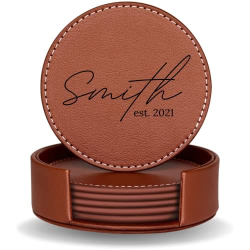 Engraved Leather Coasters with Holder, Set of 6